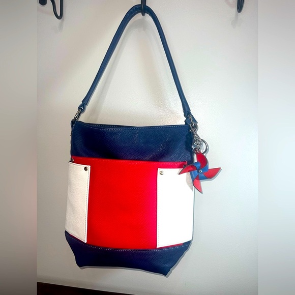 Coach Key Chain Bag Charm ~ Red White Blue Pinwheel with vintage bag to match - Picture 1 of 6